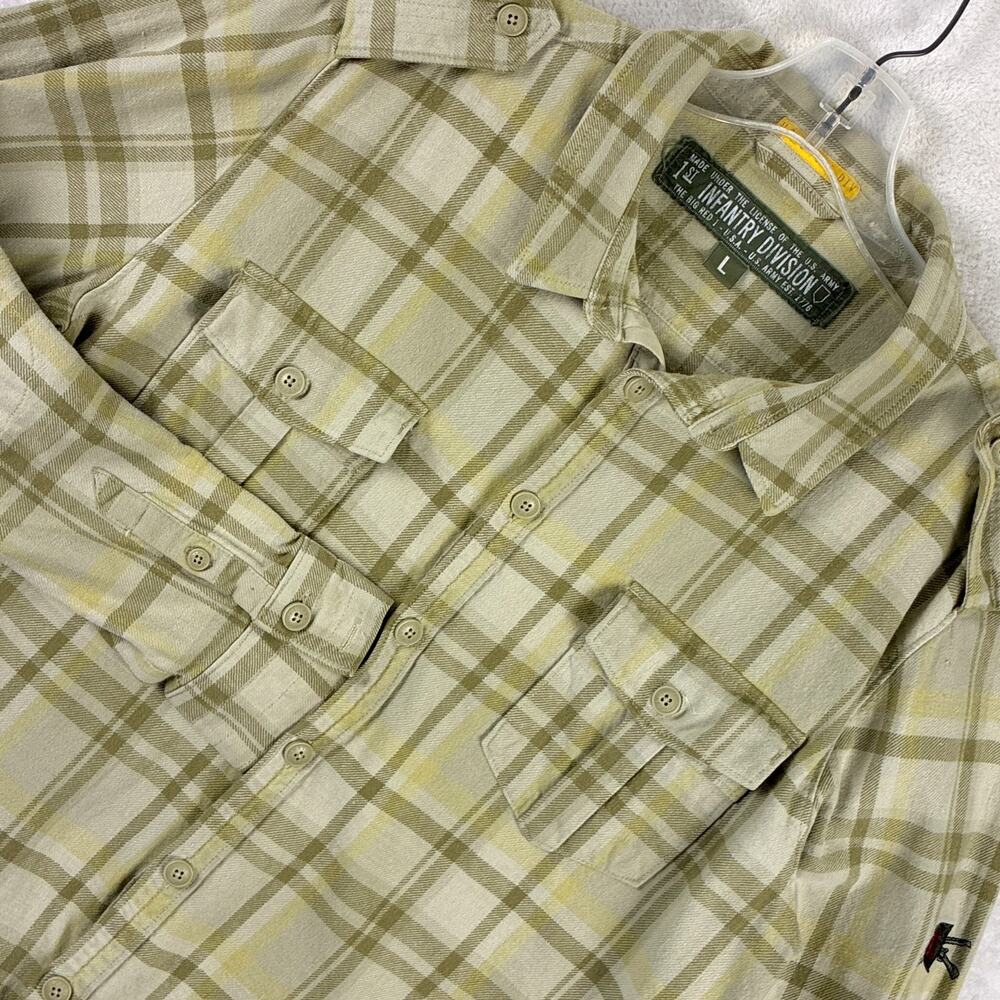 US Army 1st Infantry Division Flannel Shirt Mens L Tan Green Plaid Military USA